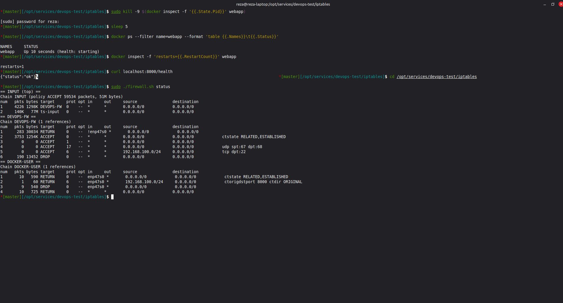 firewall.sh status with packet counters after the test