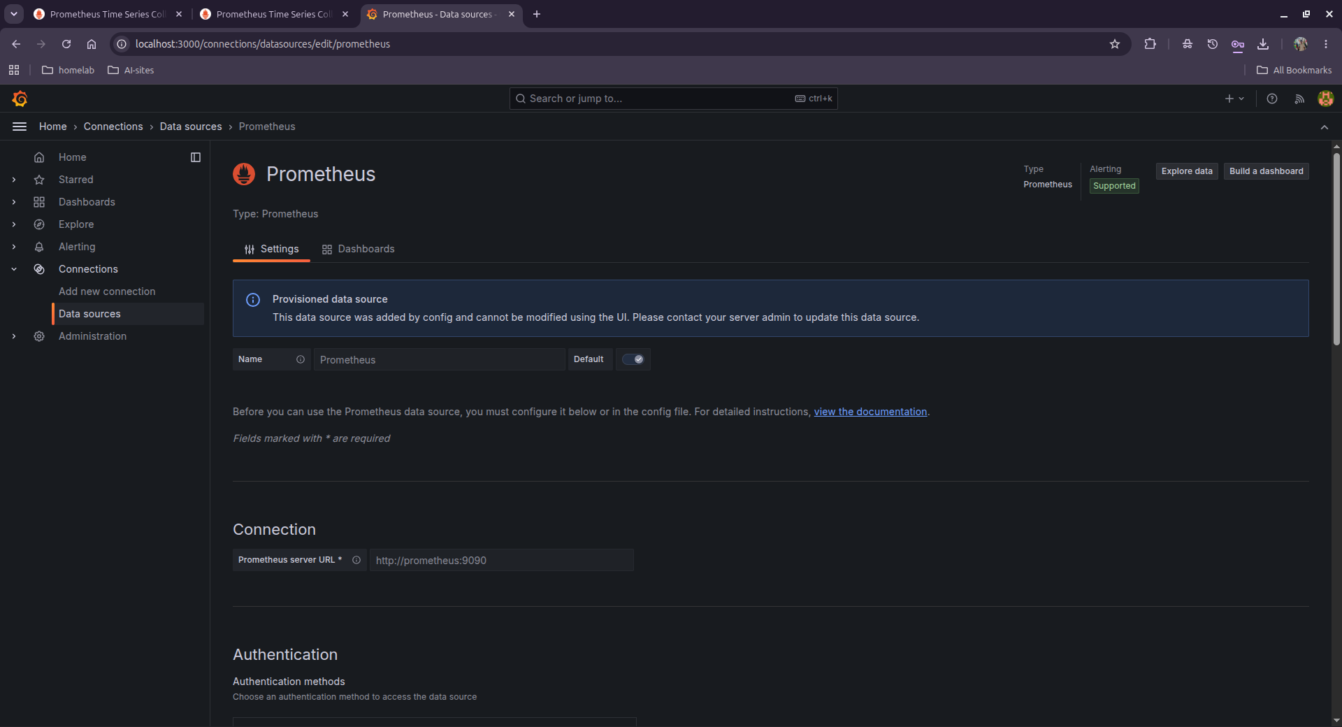 Grafana data source page showing "Provisioned data source" and the Prometheus URL