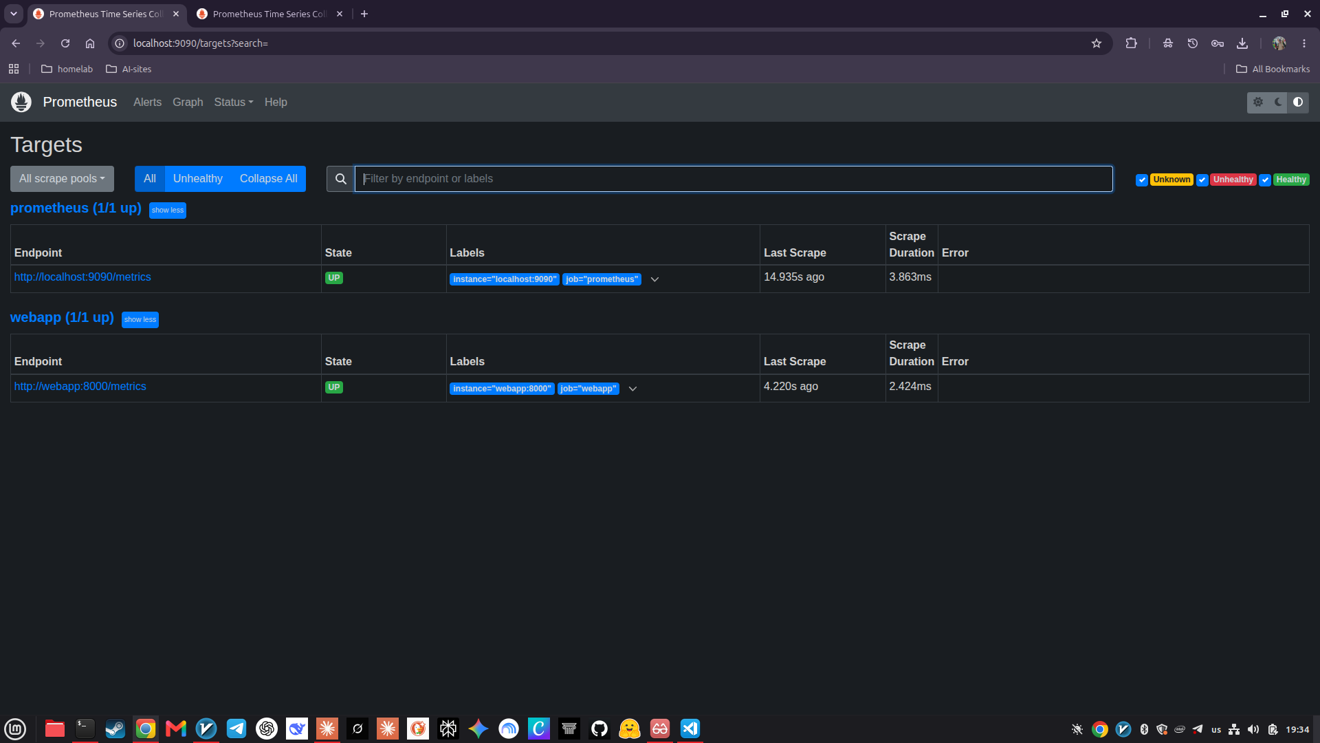 Prometheus targets page with both targets UP