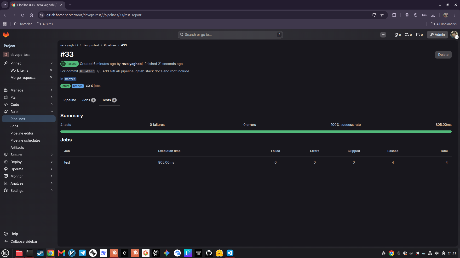 Pipeline test report: 4 tests, 0 failures, 100% success
