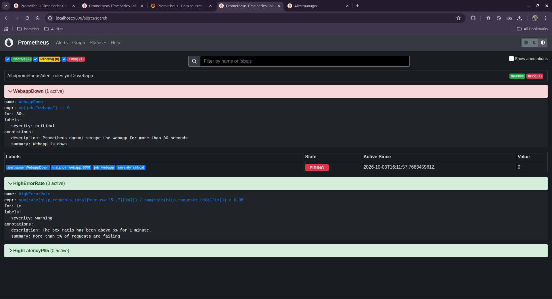 Prometheus alerts page: WebappDown is FIRING