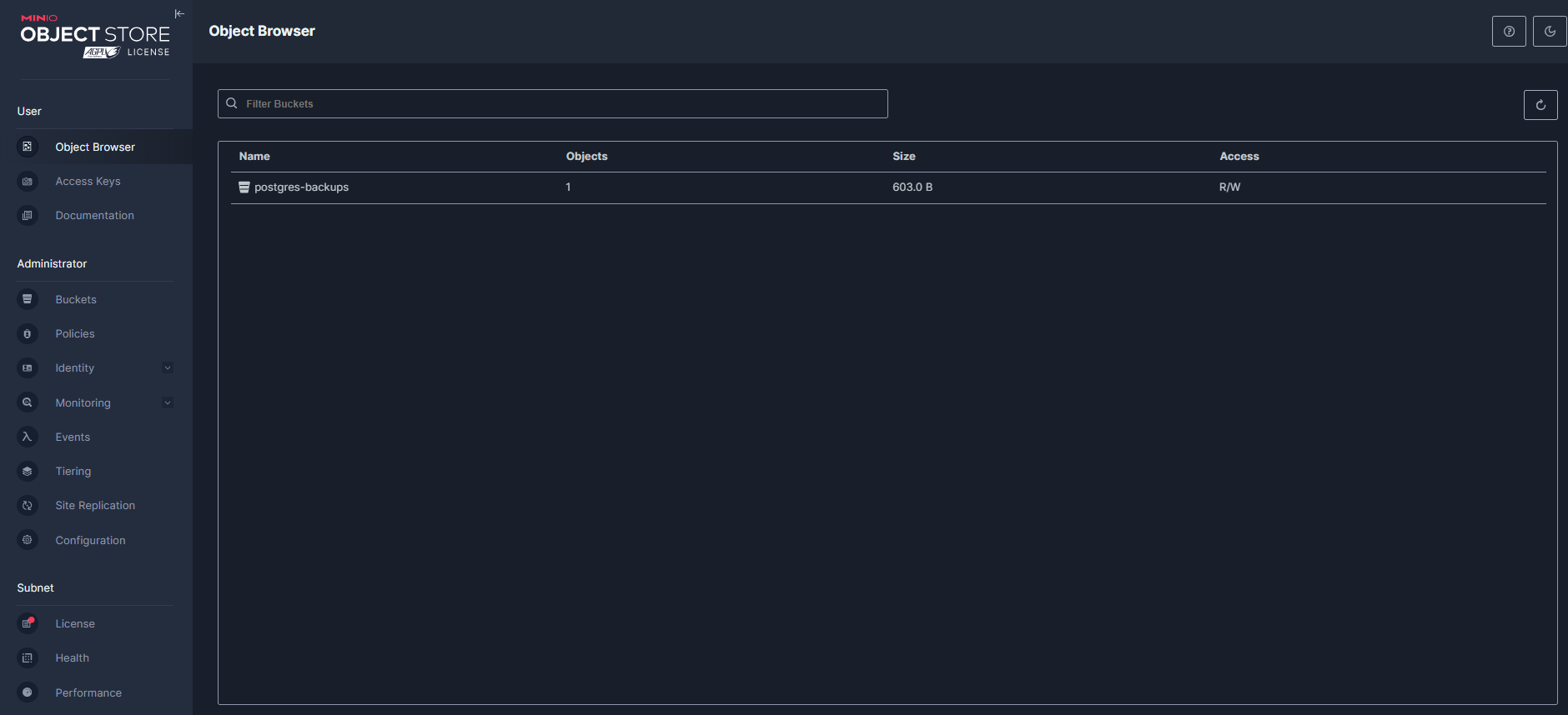 Backup file confirmed in the MinIO bucket