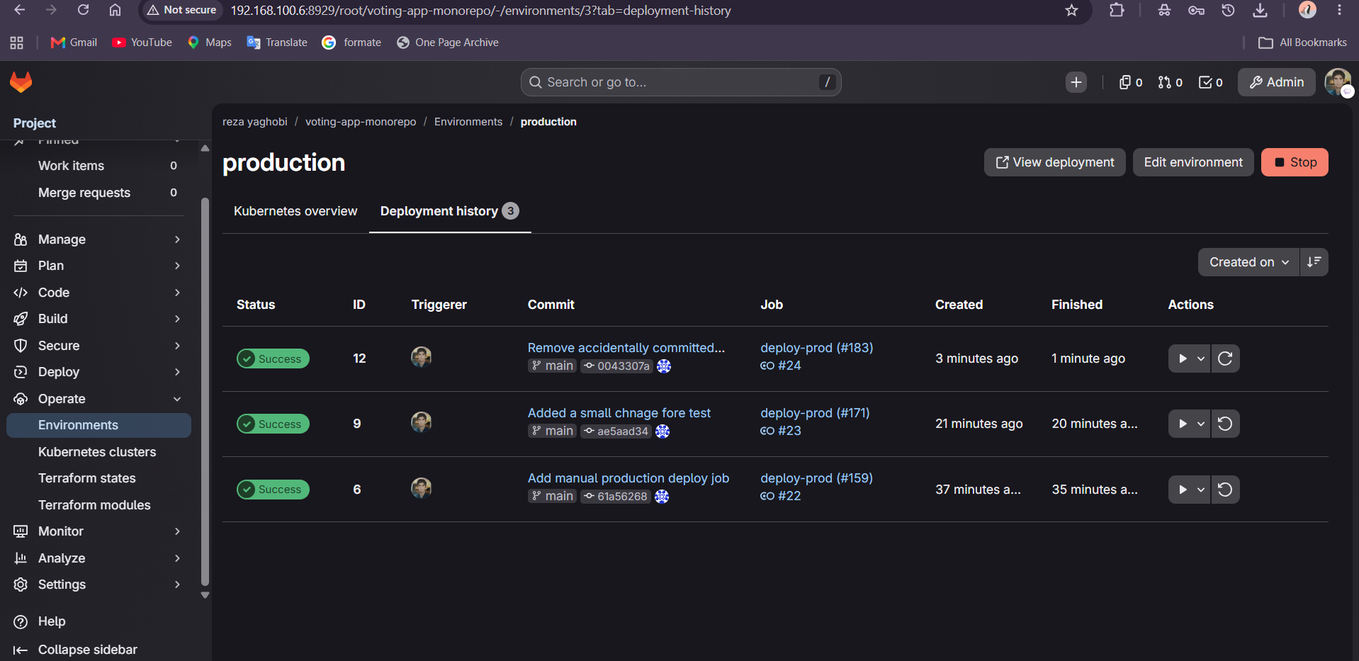Production deployment history, three deployments before rollback