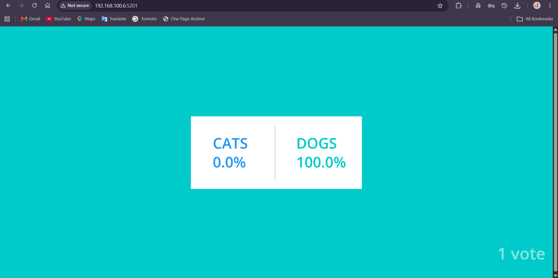 Result UI showing a live vote, proving vote → redis → worker → postgres → result end to end