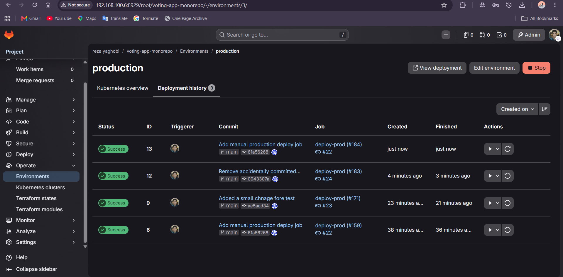 Production deployment history after rollback — a new deployment entry appears, pointing back at the original commit