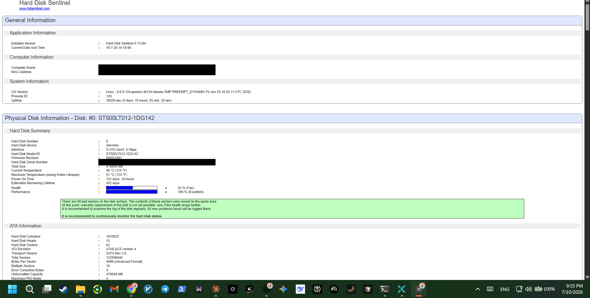 Hard Disk Sentinel report