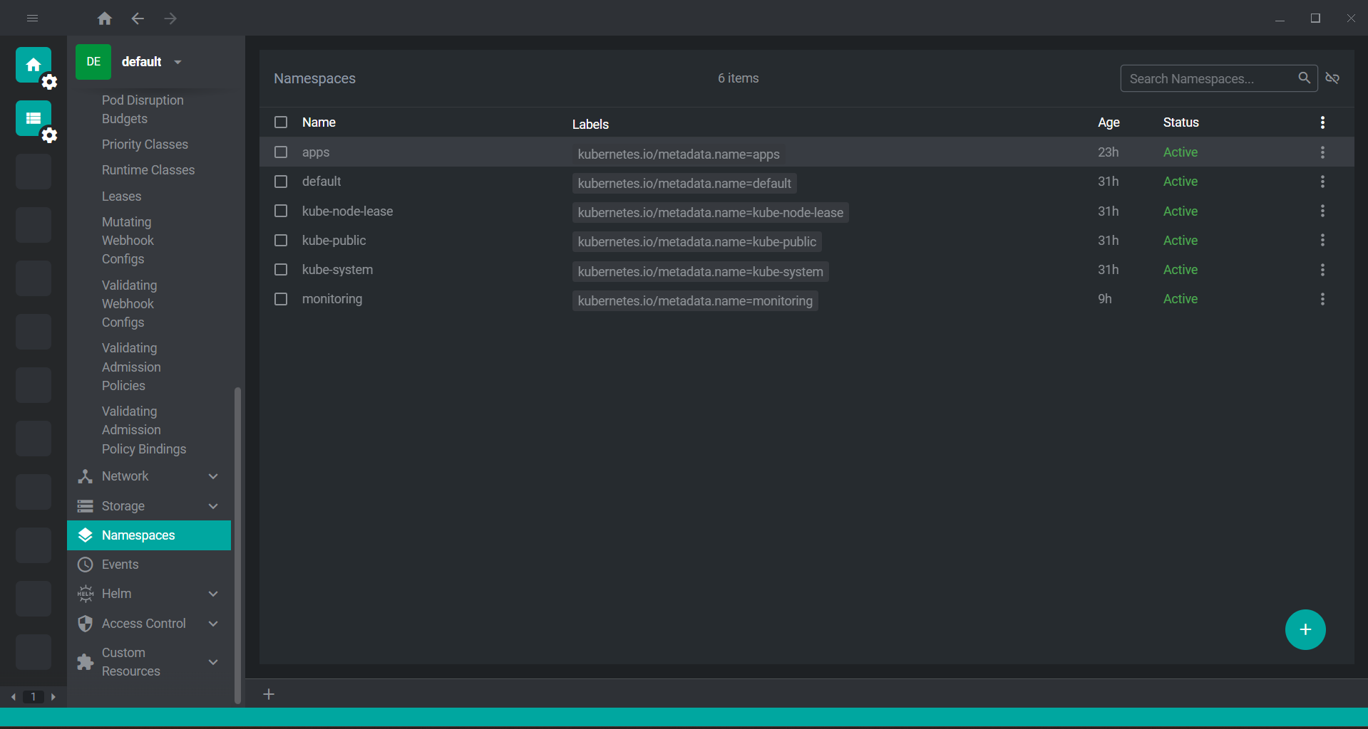 FreeLens namespaces view